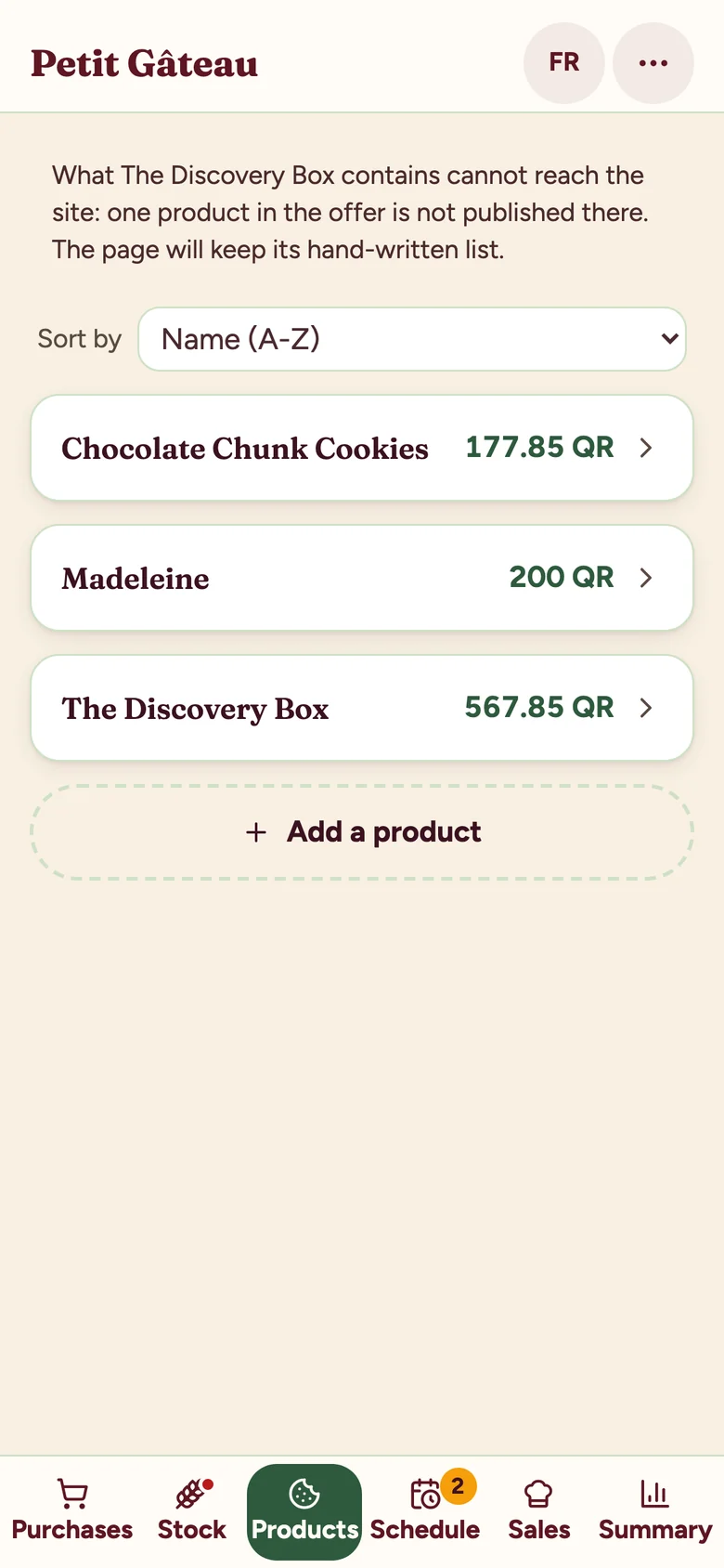 Products screen in the private app
