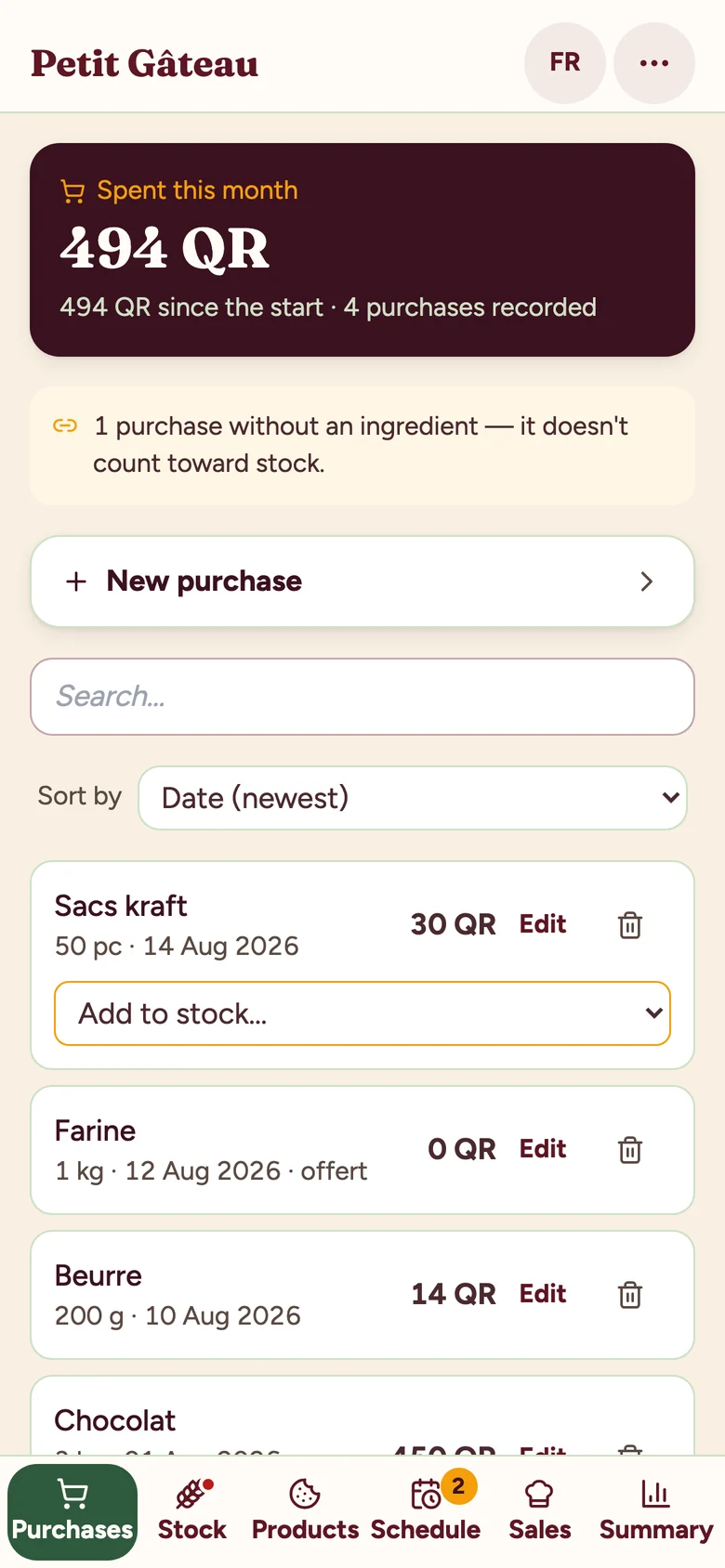 The purchases screen