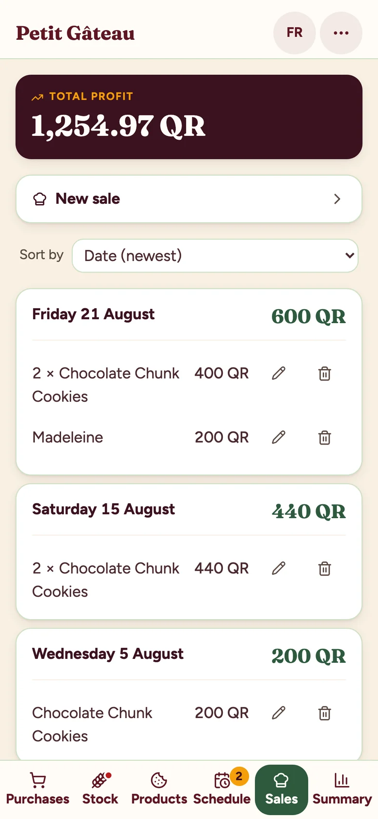 The sales screen