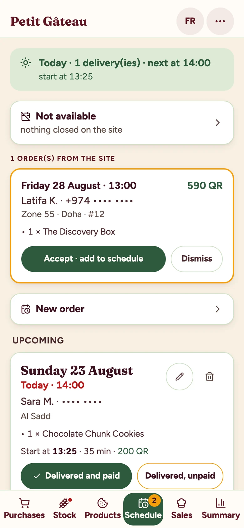 The schedule in the private app