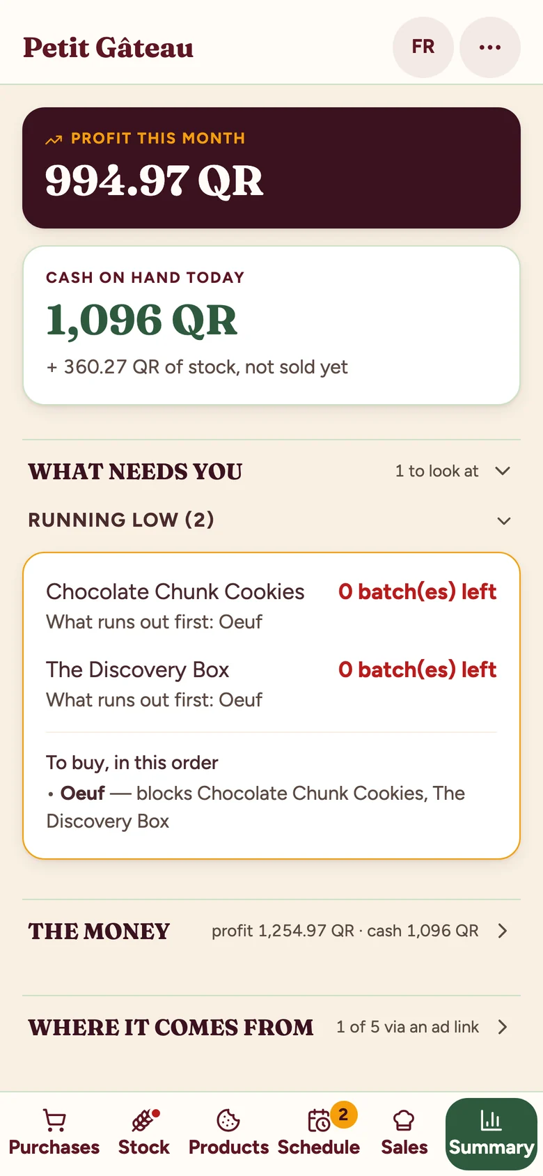 The summary screen in the private app